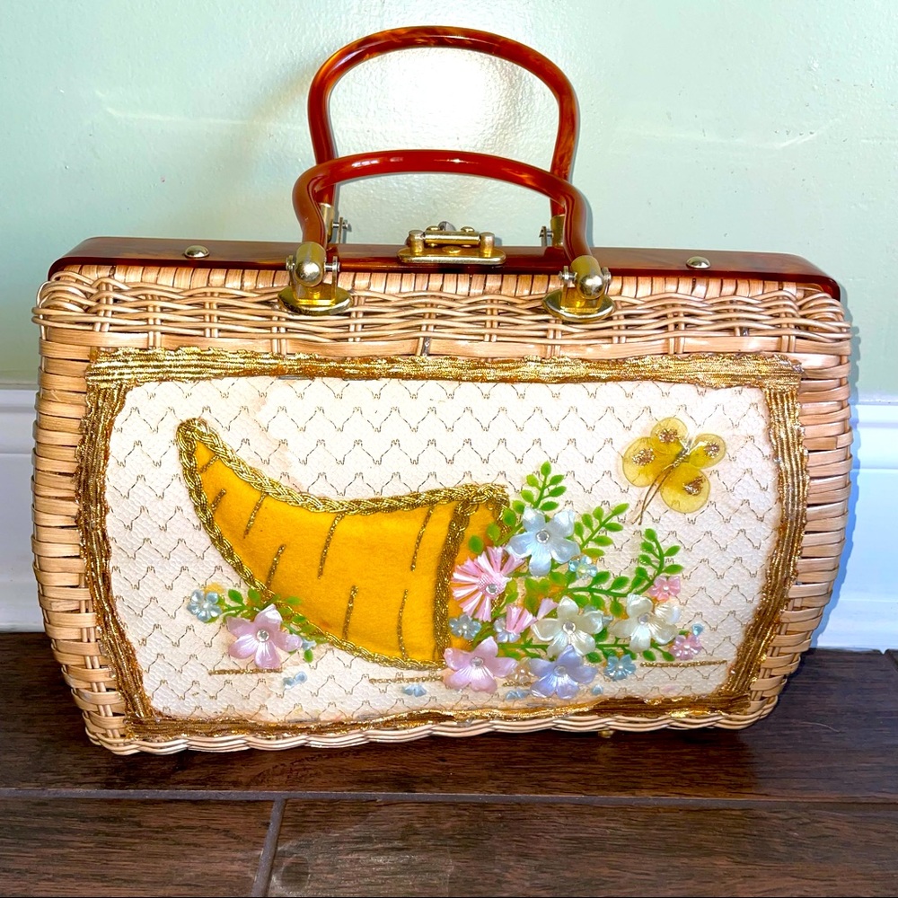 VTG 1950s Box Purse Princess Charming By Atlas Handbag Wicker Lucite Top…